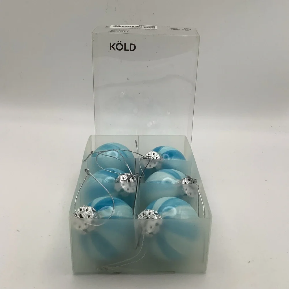IKEA KÖLD Light Blue and White Marbled Glass Ornament Set of Six